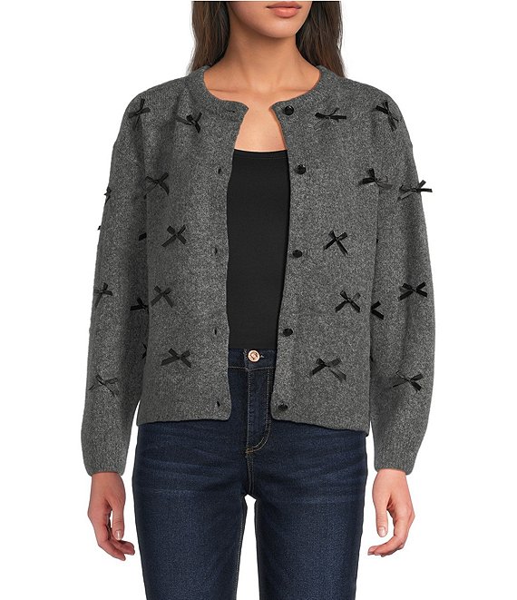 Tru Luxe Jeans Knit Round Neck Long Sleeve Button Front Bow Cardigan, Charcoal - Image 1