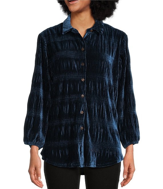 Tru Luxe Jeans Pleated Velvet Knit Point Collar Long Sleeve Button