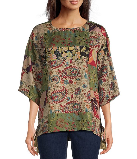 Tru Luxe Jeans Twill Woven Patchwork Print Crew Neck 3/4 Sleeve Side ...