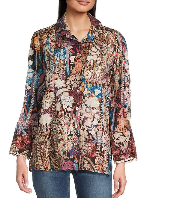 Tru Luxe Jeans Woven All Over Embroider On Floral Print Point Collar Long Sleeve Button Front Shirt, Multi - Image 1