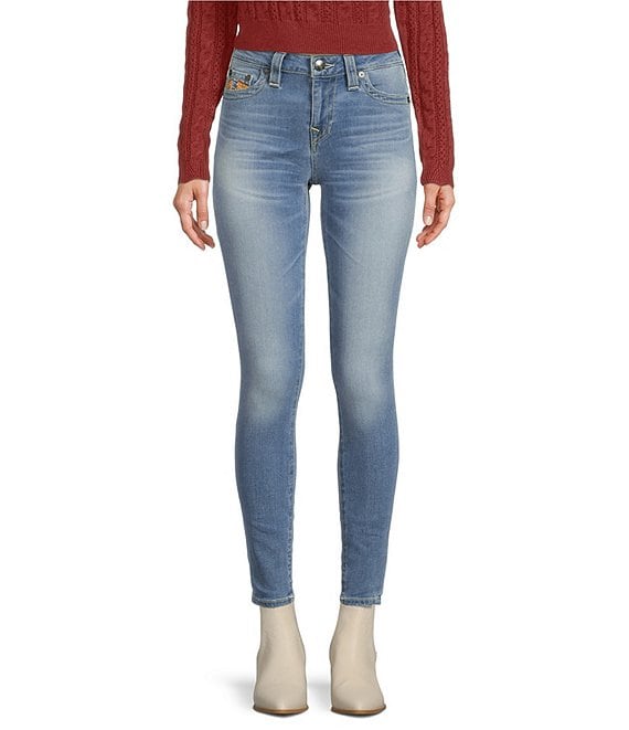Color:Medium Wash - Image 1 - Rainbow Jennie Mid Rise Horseshoe Back Pocket Super Skinny Jeans