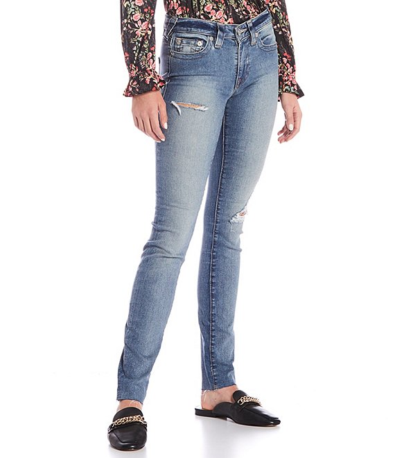 Color:Sun Glazed w/Destroy - Image 1 - Stella Mid Rise Signature Horseshoe Stitch Back Pocket Distressed Skinny Jeans