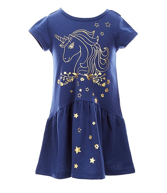 Color:Navy - Image 1 - Little Girls 2T-6X Foiled-Unicorn Drop-Waist Dress