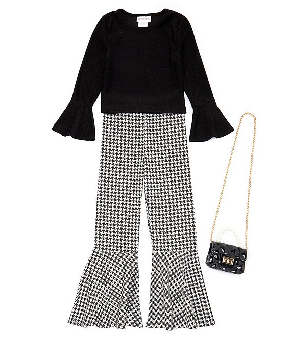 Color:Black - Image 1 - Big Girls 7-16 Bell Sleeve Solid Metallic Top & Checked Houndstooth Flare-Leg Pant Set