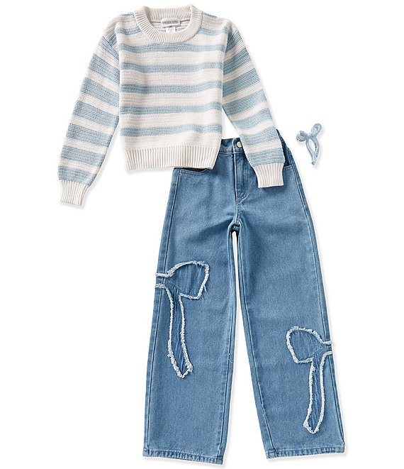 Tween Diva Big Girls Long Sleeve Striped Sweater & Frayed Bow Applique Jeans Set
