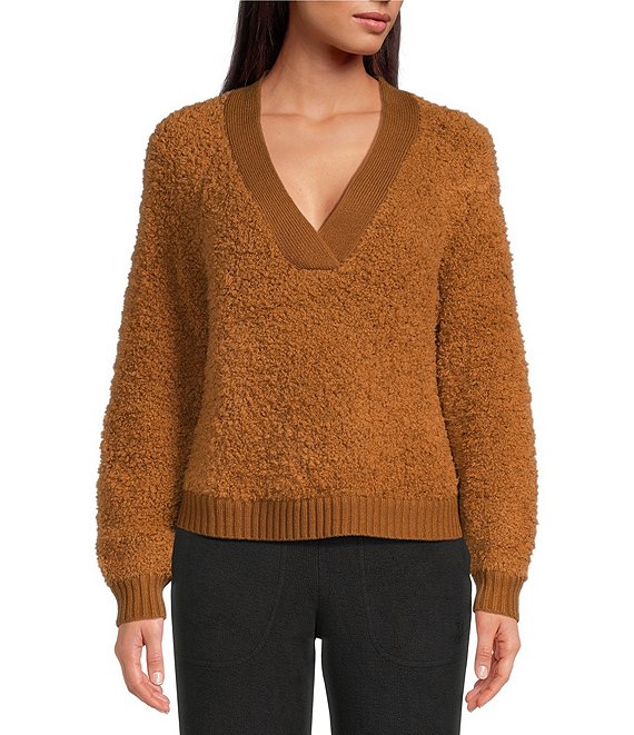 Color:Hardwood - Image 1 - UGG® Dreeann Plush Fleece Wool Blend V-Neck Long Sleeve Pullover
