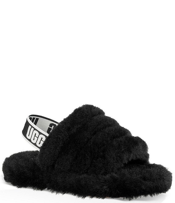 Color:Black - Image 1 - UGG® Girls' Logo Family Matching Fluff Yeah Fur Slides (Youth)