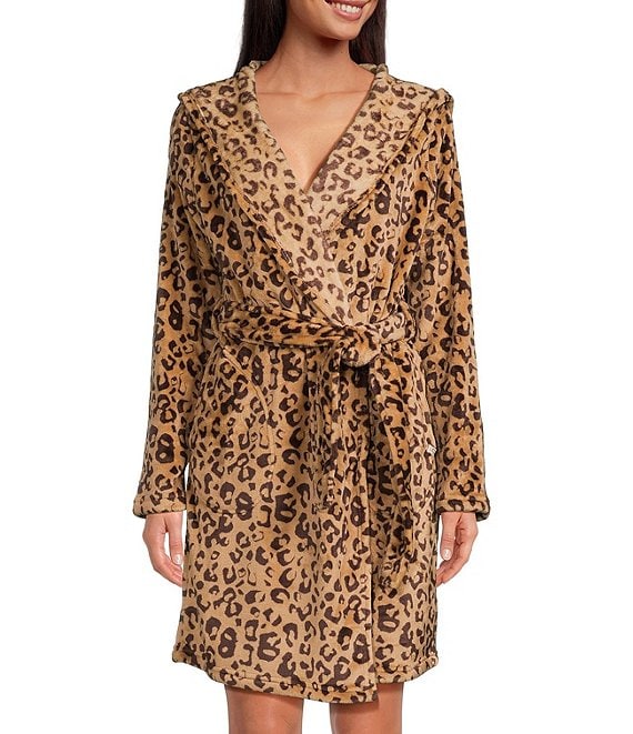 UGG® Miranda Hooded Long Sleeve Fleece Cozy Leopard Print Robe