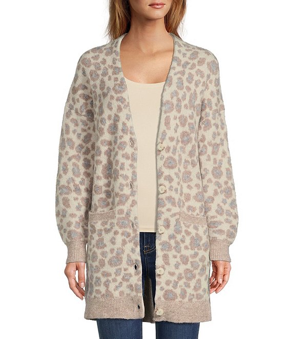 Color:Cream Panther - Image 1 - UGG® Tomara Animal Print Oversized Wool Blend Cardigan