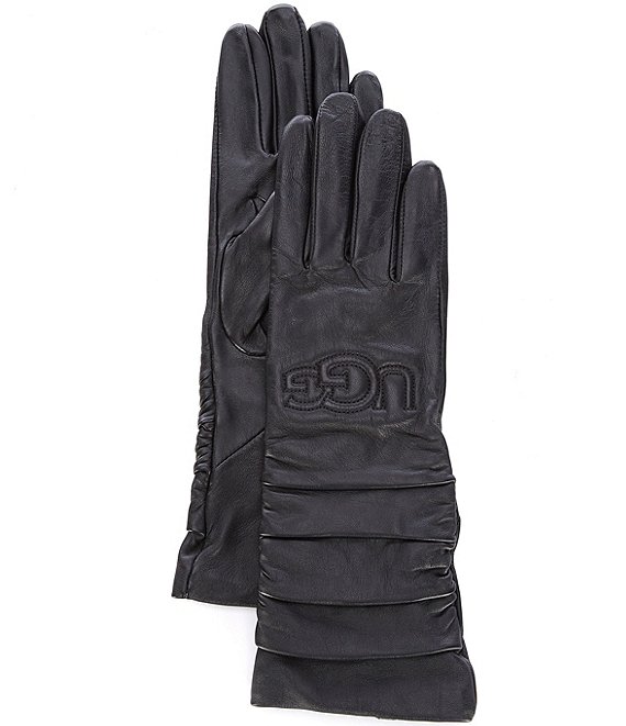 Color:Black - Image 1 - Women's Leather Scrunch Logo Gloves