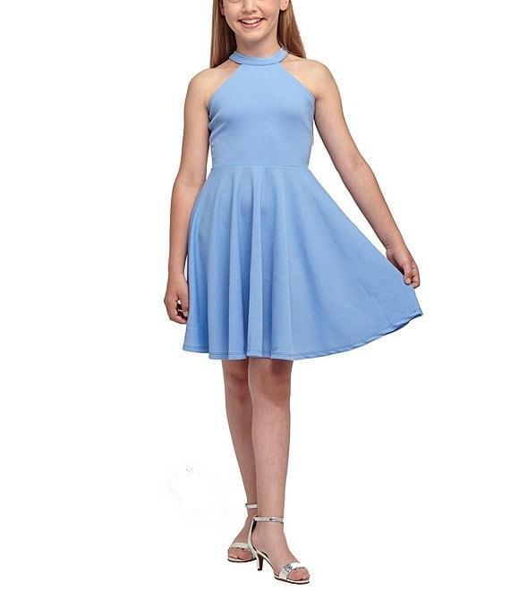 Color:Denim - Image 1 - Big Girls 7-20 Halter Fit-And-Flare Dress