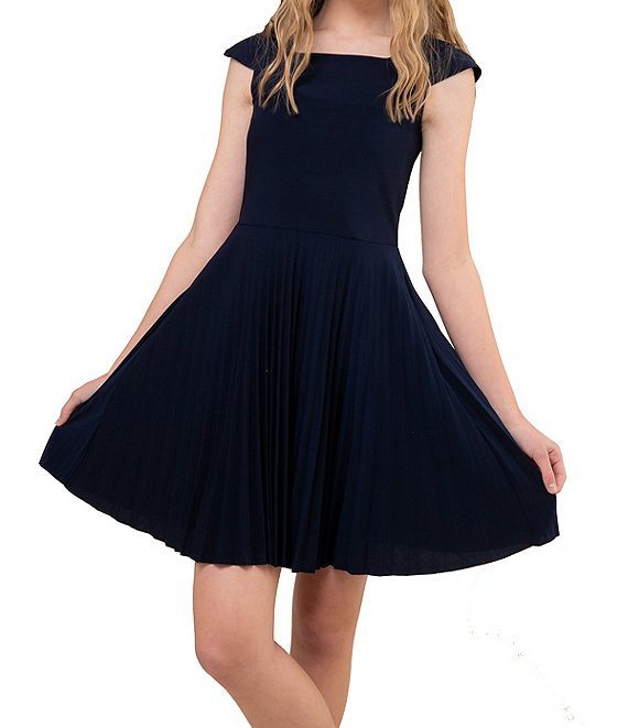 Color:Navy - Image 1 - Big Girls 7-16 Pleated Fit-And-Flare Dress