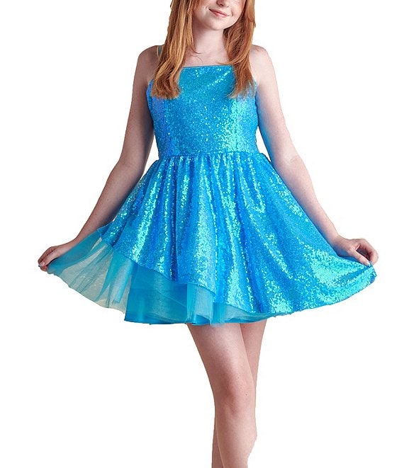 Color:Turquoise - Image 1 - Big Girls 7-22 Peek-A-Boo Sequin Fit-And-Flare Dress