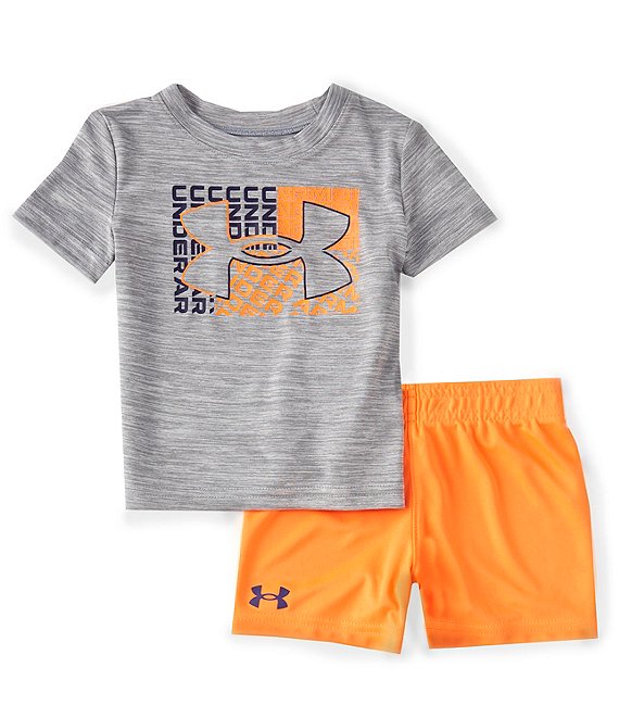 Color:Orange Blast - Image 1 - Baby Boys 12-24 Months Short Sleeve Deconstructed Logo Tee & Shorts Set