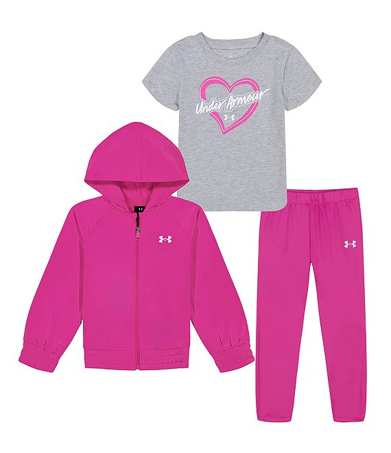 Under Armour Little Girls 2T 6X Long Sleeve Fleece Hooded Jacket Matching Fleece Jogger Pants Heart Graphic T Shirt Set 3T