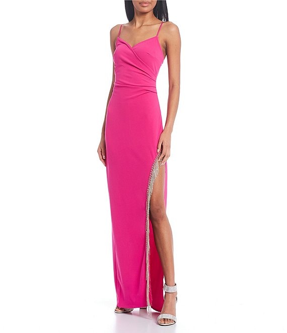 V-Neck Asymmetrical Fringe Trim Long Dress | Dillard's