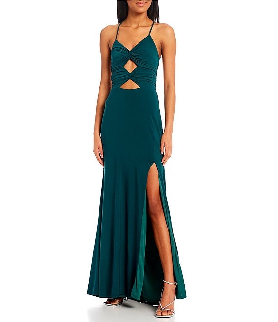 V-Neck Front Cut-Out Lace-Up Back Side Slit Long Dress | Dillard's