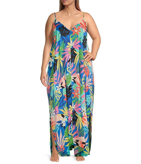 Adjustable Straps Colorful Tropical Print Maxi Dress