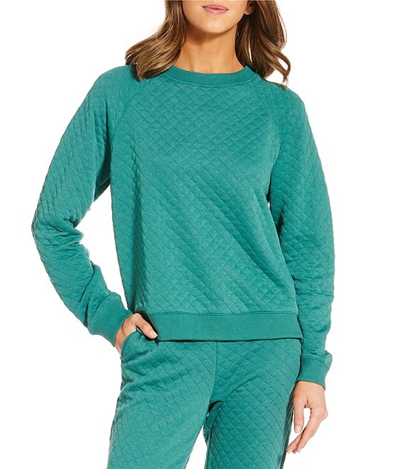 VAN WINKLE & CO. Solid Quilted Knit Long Sleeve Crew Neck Coordinating Lounge Top, Blue Spruce - Image 1