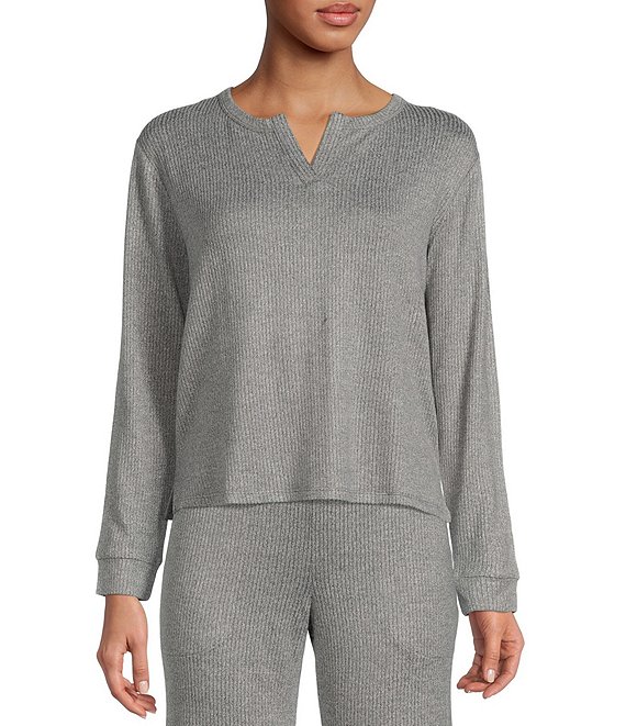 Color:Grey - Image 1 - Van Winkle & Co. Solid Ribbed Knit Split Round Neck Long Sleeve Coordinating Sleep Top