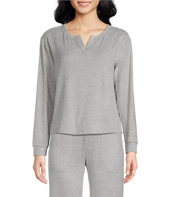 VAN WINKLE & CO. Solid Ribbed Knit Split V-Neck Long Sleeve Coordinating Sleep Top