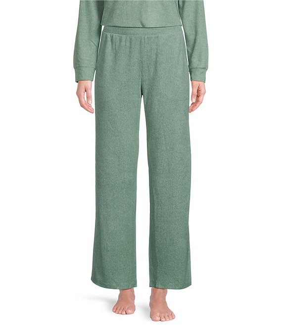 Color:Heather Green - Image 1 - Van Winkle & Co. Solid Ribbed Knit Wide Leg Coordinating Sleep Pant
