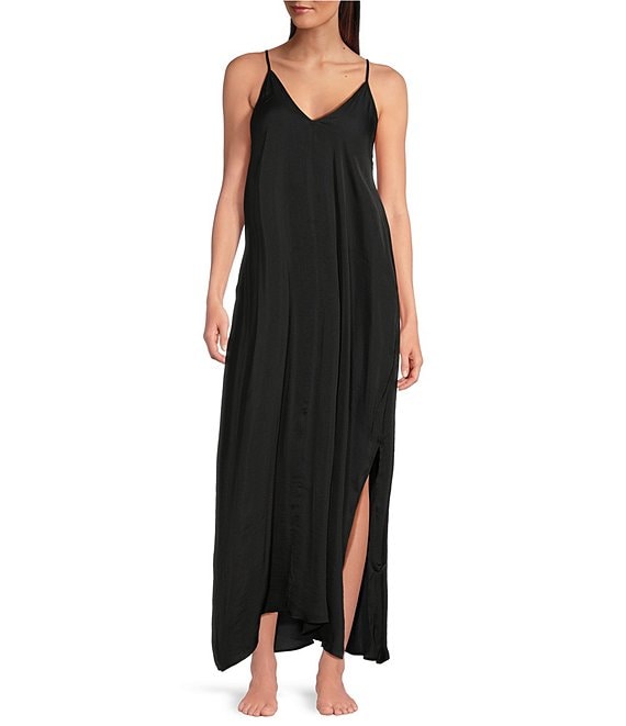 VAN WINKLE & CO. Van Winkle & Co. Solid Washed Satin Sleeveless V-Neck Maxi Chemise, Black - Image 1