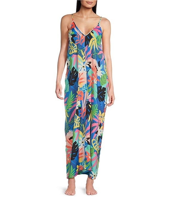 Adjustable Straps Colorful Tropical Print Maxi Dress