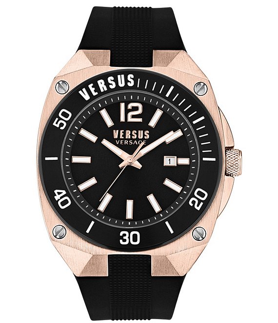 Versus By Versace Men s Reaction Quartz Analog Rose Gold Tone Black Silicone Strap Watch