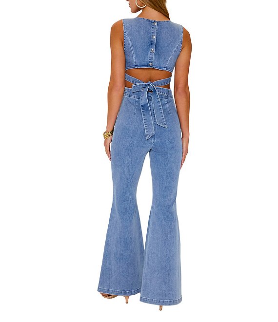 VICI Collection Crew Neck Sleeveless Front Seam Denim Flared