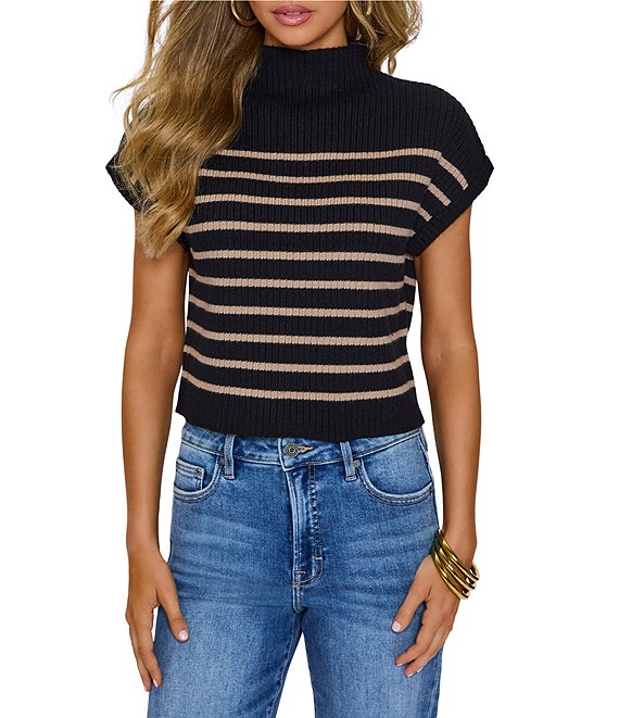 VICI Collection Mock Neck Cap Sleeve Striped Knit Top