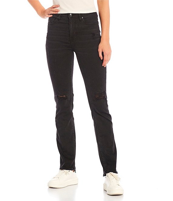 Color:Black - Image 1 - Ace High Rise Distressed Straight Leg Jeans