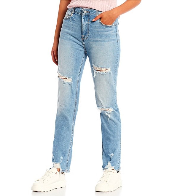 Color:Light Wash - Image 1 - High Rise Distressed Straight Jeans
