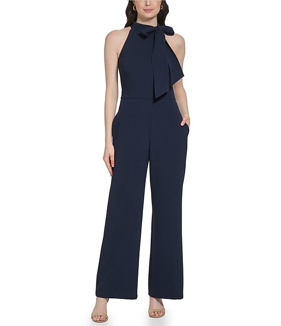 Color:Navy - Image 1 - Sleeveless Bow Tie Mock Neck Jumpsuit