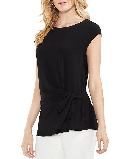 Color:Rich Black - Image 1 - Cap Sleeve Mixed Media Textured Tie Front Top
