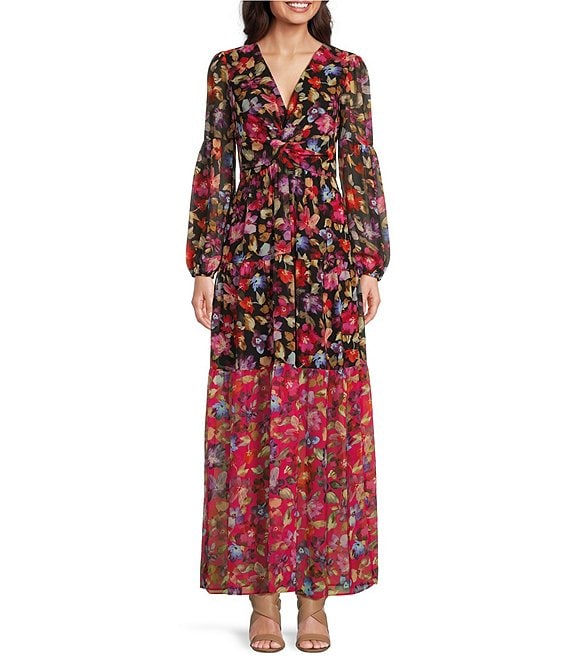 Vince Camuto Chiffon Floral Print V Neck Long Sleeve Pocketed A Line Maxi Dress Dillard s