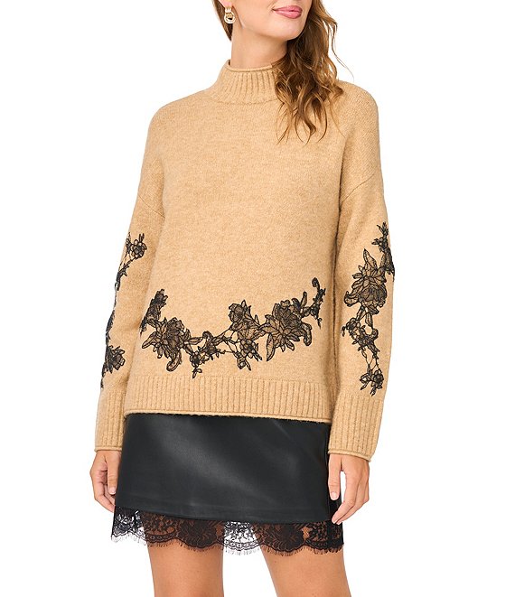Vince Camuto Cozy Knit Lace Applique Mock Neck Sweater