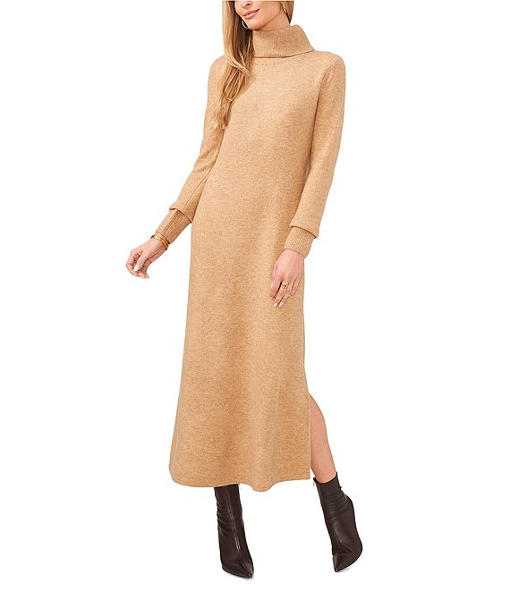 Color:Latte Heather - Image 1 - Cozy Knit Turtleneck Long Sleeve Shift Midi Sweater Dress