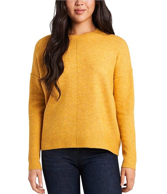 Color:Amber - Image 1 - Crew Neck Long Sleeve Extended Shoulder Seamed Cozy Statement Sweater