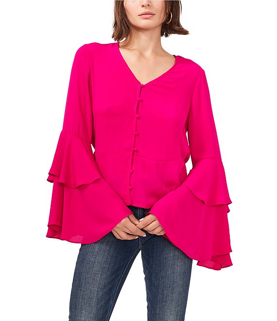 Vince Camuto Double Ruffle Tiered Long Sleeve V-Neck Peplum Button Down ...