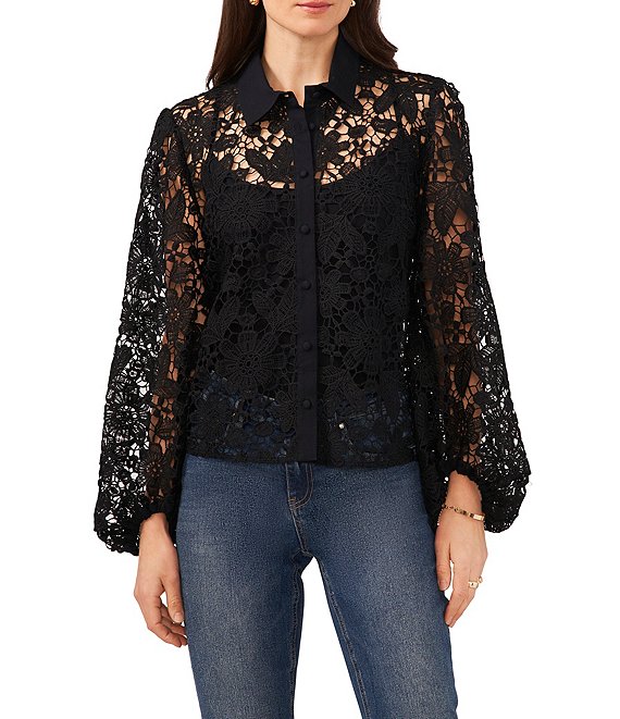 Vince Camuto Eyelet Point Collar Long Puff Sleeve Lace Button Front ...