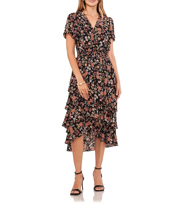 Vince Camuto Floral Chintz Print Georgette V-Neck Short Sleeve Smocked Waist Tiered A-Line Midi Dress
