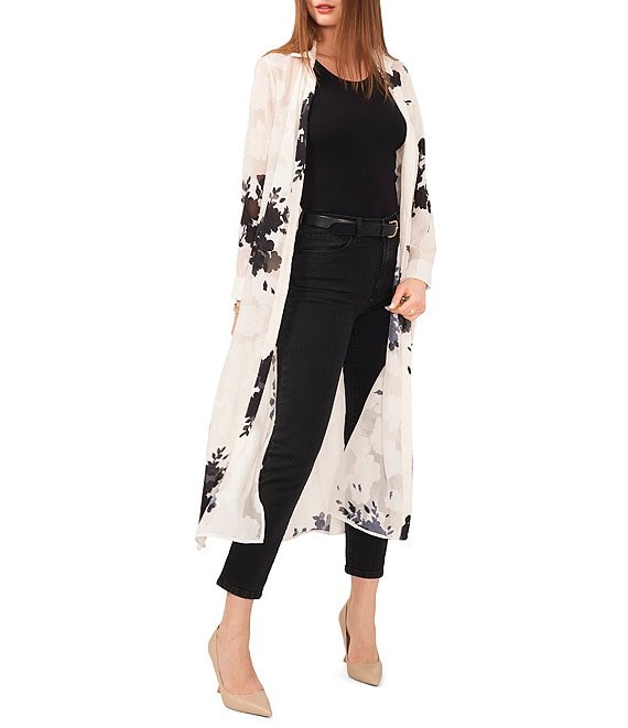 Color:New Ivory - Image 1 - Floral Print Jacquard Long Sleeve Point Collar Button Front Long Tunic Top