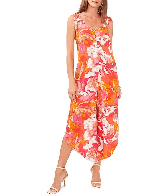 Vince Camuto Floral Print V-Neck Tie Strap Sleeveless Cropped High-Low ...