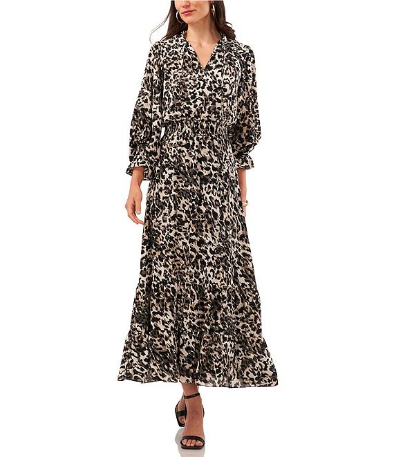 Vince Camuto Georgette Leopard Print V-Neck Long Blouson Sleeve Smocked  Empire Waist Maxi Dress