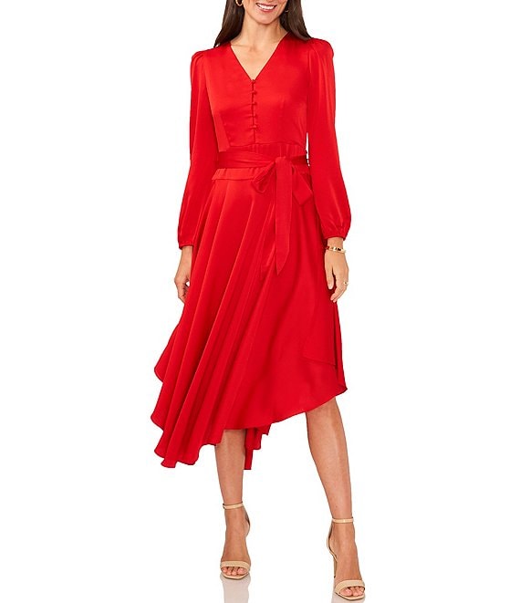 Color:Ultra Red - Image 1 - Hammered Satin V-Neck Long Blouson Sleeve Button Front Self Belted A-Line Midi Dress