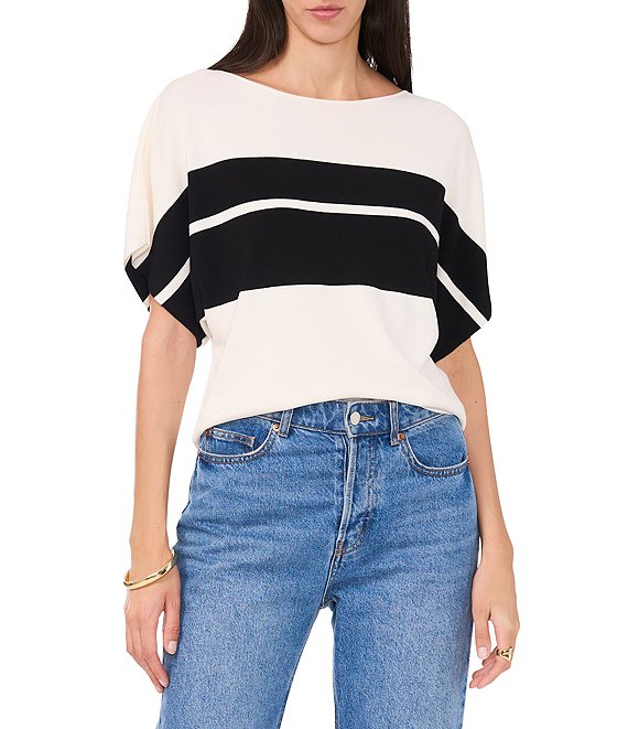 Vince Camuto Knit Boat Neck Cap Sleeve Color Block Stripe Sweater, Antique White - Image 1