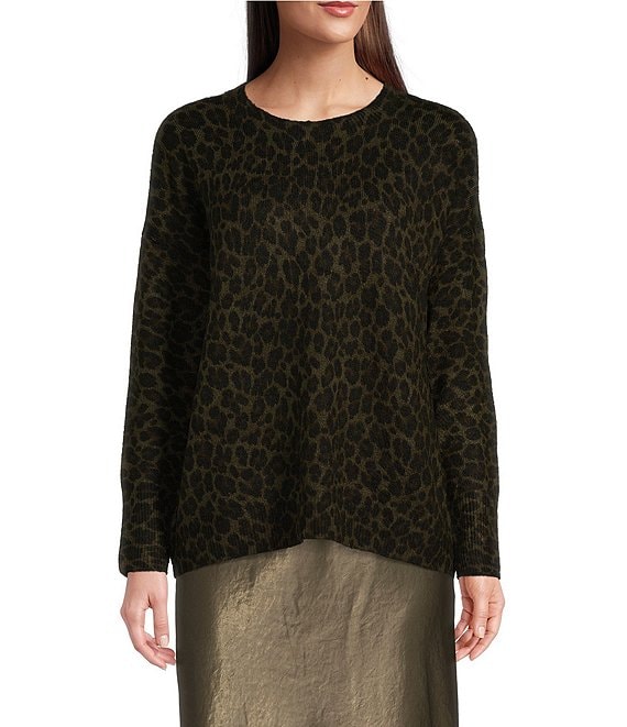 Color:Light Olive - Image 1 - Leopard Print Long Sleeve Crew Neck Sweater