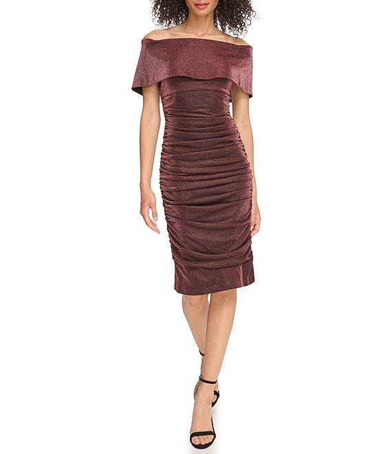 Color:Copper - Image 1 - Off-the-Shoulder Sleeveless Ruching Midi Dress