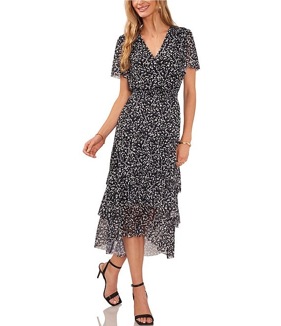 Color:Rich Black - Image 1 - Paint Strokes Print Mesh V-Neck Short Sleeve Smocked Waist Tiered A-Line Midi Dress